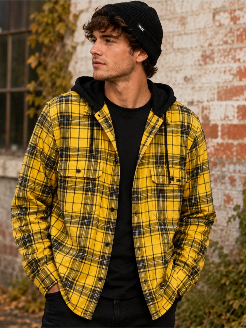 Abound Men’s Hooded Flannel Shirt Jacket Yellow Black Plaid Button Front Size L